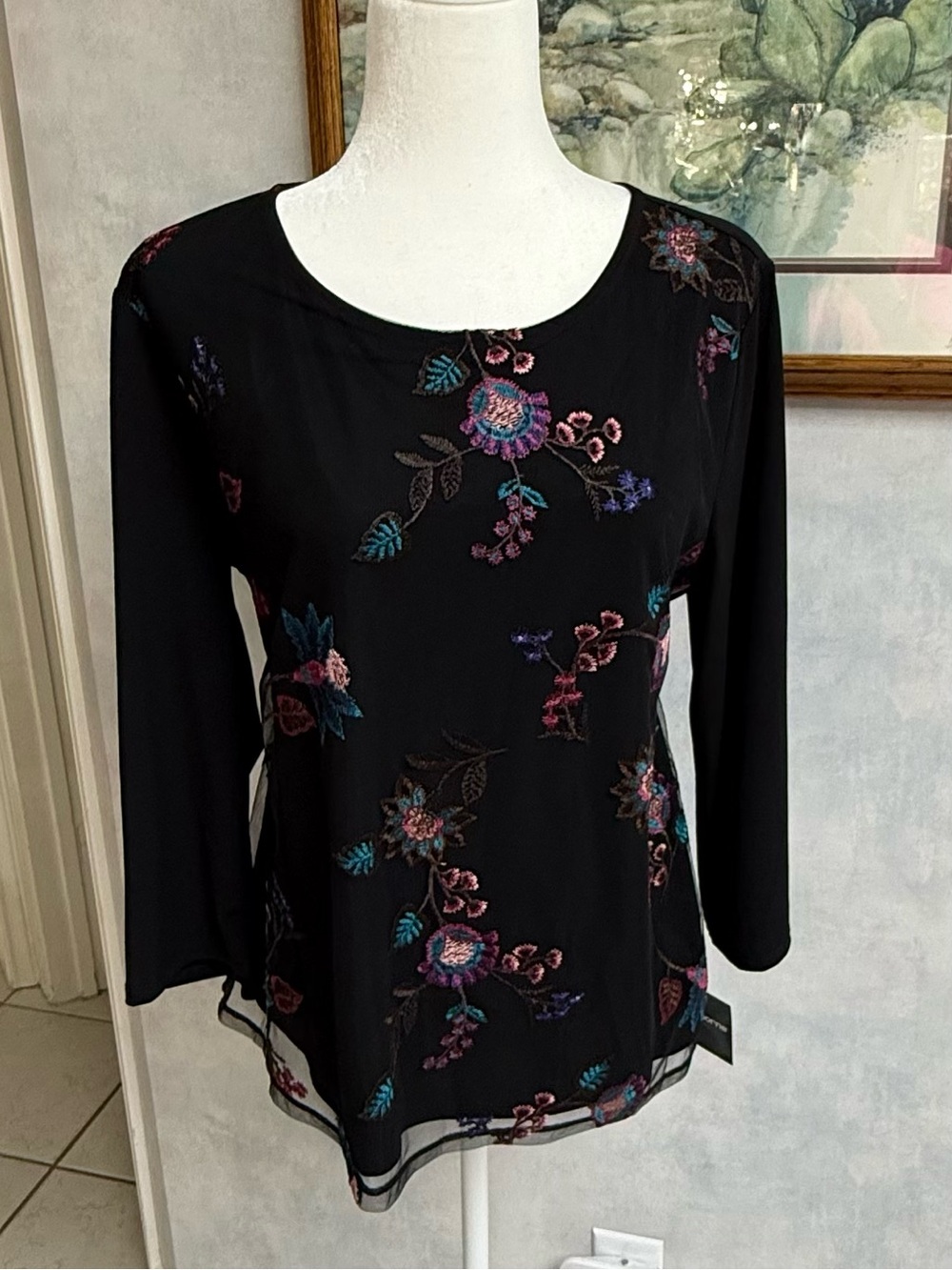 NWT Liz L Beautiful Black Long Sleeve Top with Floral Embroidery on the front